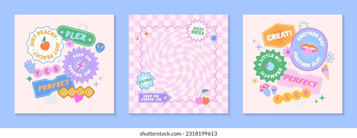 Vector templates with patches and stickers in 90s style.Modern emblems in y2k aesthetic with chess backgrounds.Trendy funky designs for banners,social media marketing,branding,packaging,covers