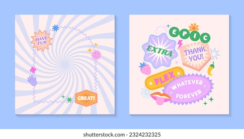 Vector templates with patches and stickers in 90s style.Modern emblems in y2k aesthetic with spiral background.Trendy funky designs for banners,social media marketing,branding,packaging,covers