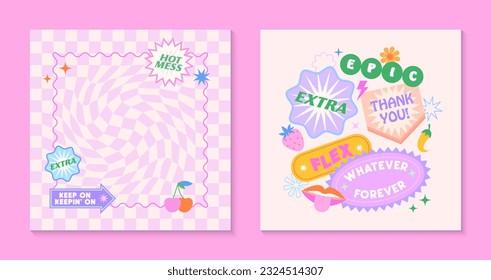 Vector templates with patches and stickers in 90s style.Modern emblems in y2k aesthetic with chess background.Trendy funky designs for banners,social media marketing,branding,packaging,covers