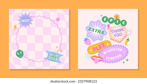 Vector templates with patches and stickers in 90s style.Modern emblems in y2k aesthetic with chess background.Trendy funky designs for banners,social media marketing,branding,packaging,covers
