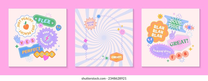 Vector templates with patches and stickers in 90s style.Modern emblems in y2k aesthetic with spiral background.Trendy funky designs for banners,social media marketing,branding,packaging,covers