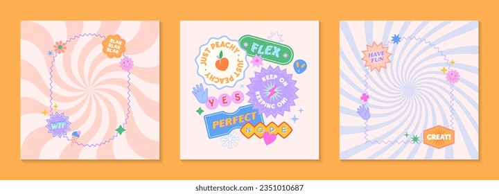 Vector templates with patches and stickers in 90s style.Modern emblems in y2k aesthetic with spiral backgrounds.Trendy funky designs for banners,social media marketing,branding,packaging,covers