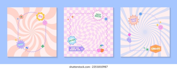 Vector templates with patches and stickers in 90s style.Modern emblems in y2k aesthetic with chess and spiral backgrounds.Funky designs for banners,social media marketing,branding,packaging,covers