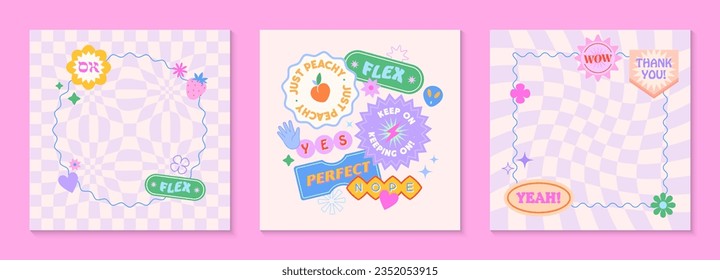 Vector templates with patches and stickers in 90s style.Modern emblems in y2k aesthetic with chess background.Trendy funky designs for banners,social media marketing,branding,packaging,covers