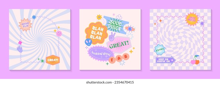 Vector templates with patches and stickers in 90s style.Modern emblems in y2k aesthetic chess and spiral backgrounds.Trendy funky designs for banners,social media marketing,branding,packaging,covers