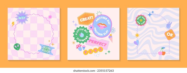 Vector templates with patches and stickers in 90s style.Modern emblems in y2k aesthetic chess and wavy backgrounds.Trendy funky designs for banners,social media marketing,branding,packaging,covers
