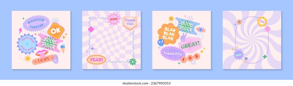 Vector templates with patches and stickers in 90s style.Modern emblems in y2k aesthetic chess and spiral backgrounds.Trendy funky designs for banners,social media marketing,branding,packaging,covers