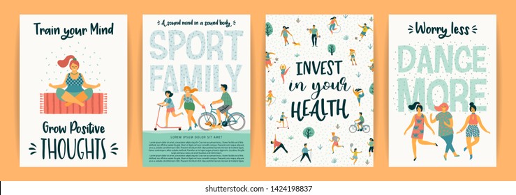 Vector templates with people leading an active healthy lifestyle. Concept for World Health Day and other use. Design element.