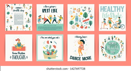 Vector templates with people leading an active healthy lifestyle. Concept for World Health Day and other use. Design element.