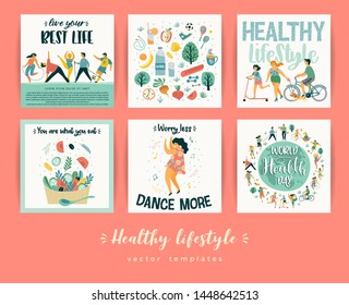 Vector templates with people leading an active healthy lifestyle. Concept for World Health Day and other use. Design element.