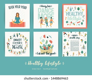 Vector templates with people leading an active healthy lifestyle. Concept for World Health Day and other use. Design element.