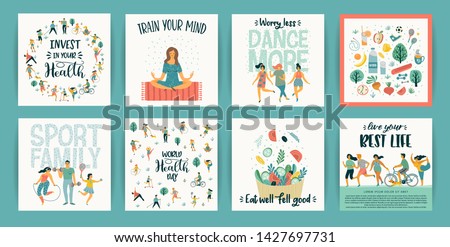Vector templates with people leading an active healthy lifestyle. Concept for World Health Day and other use. Design element.