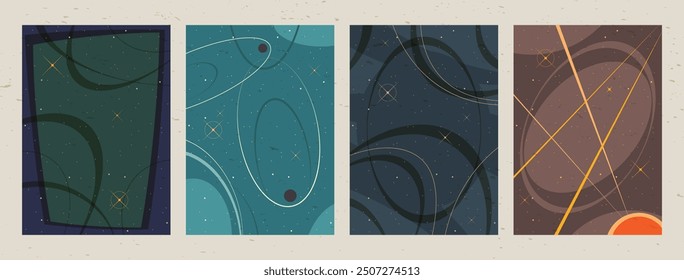 Vector Templates for Retro Style Cosmic Posters, Covers, Illustrations, 1950s - 1960s Space Illustrations Style Backgrounds, Space Age. Vintage Colors and Shapes