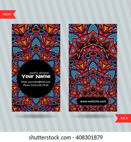 Vector  templates set of business card with doodles colorful ornament. Hand drawn pattern. Bright creative corporate identity