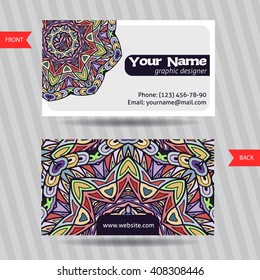 Vector  templates set of business card with doodles colorful ornament. Hand drawn pattern. Bright creative corporate identity