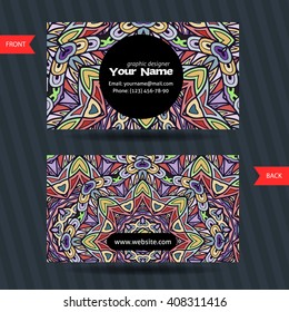 Vector  templates set of business card with doodles colorful ornament. Hand drawn pattern. Bright creative corporate identity
