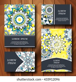 Vector templates set. Business cards, banners, fliers, invitations with mandala ornaments. Islam, Arabic, Indian, Turkish, Ottoman, Pakistan motifs. Design template.