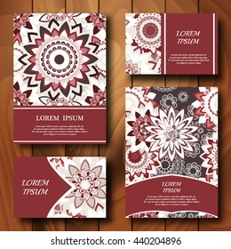 Vector templates set. Business cards, banners, fliers, invitations with mandala ornaments. 