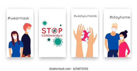 Vector templates set COVID-19 for social media network stories. Vertical posters with Chinese Coronavirus 2019-nCoV quarantine, health, hygiene promotion with people wearing face mask, washing hands