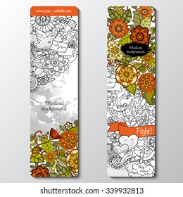Vector templates set with doodles science, medicine and floral theme. Medical Background with pink ribbon, dove, women and men icons, heart, abstract breast, medicine bottle and pills.
