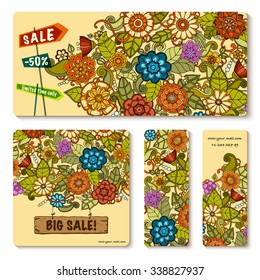 Vector templates set with floral doodles. Sale banners.