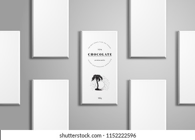 Vector templates. Set of packing chocolate bar with inscription. Summer pattern with palm tree.