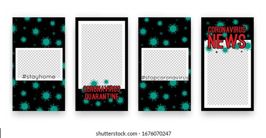 Vector templates set with virus pattern for social media network stories. Vertical posters with Chinese Coronavirus 2019-nCoV. COVID-19 news, outbreak backgrounds, quarantine, pandemia, health concept