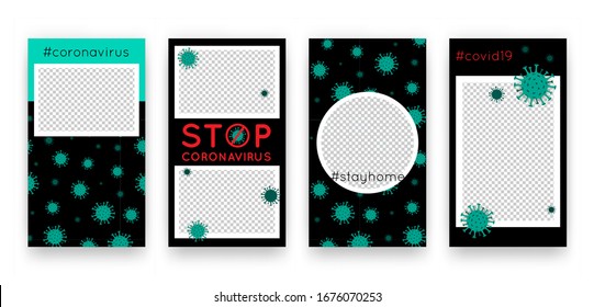 Vector templates set with virus pattern for social media network stories. Vertical posters with Chinese Coronavirus 2019-nCoV. COVID-19 news, outbreak backgrounds, quarantine, pandemia, health concept