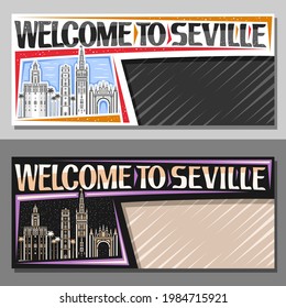 Vector templates for Seville with copy space, decorative voucher with illustration of seville city scape on day and night time sky background, art design tourist coupon with words welcome to seville.