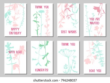 Vector templates with silhouette of wild plants, herbs and flowers, botanical illustration, natural floral background, card or invitation