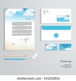 Vector templates. Sky, clouds, sunshine and sandy beach.  Letterhead, envelope, business card, pencils, eraser.