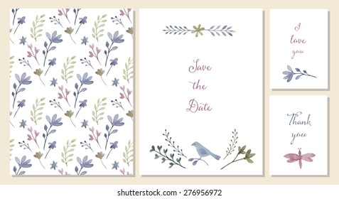 Vector templates with watercolor floral decoration. Wedding invitations, greeting cards or save the date card design.