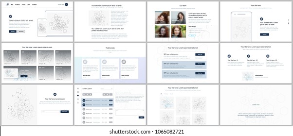 Vector templates for website design, minimal presentations, portfolio. UI, UX, GUI. Design of headers, dashboard, contact forms, features, pricing, e-commerce page, blog etc. Social network concept.