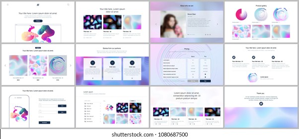 Vector templates for website design, minimal presentations, portfolio with geometric patterns, gradients, fluid shapes. UI, UX, GUI. Design of headers, dashboard, contact forms, features page, blog