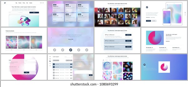 Vector templates for website design, minimal presentations, portfolio with geometric patterns, gradients, fluid shapes. UI, UX, GUI. Design of headers, dashboard, contact forms, features page, blog