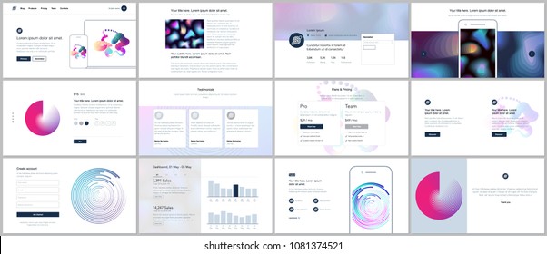 Vector templates for website design, minimal presentations, portfolio with geometric patterns, gradients, fluid shapes. UI, UX, GUI. Design of headers, dashboard, contact forms, features page, blog