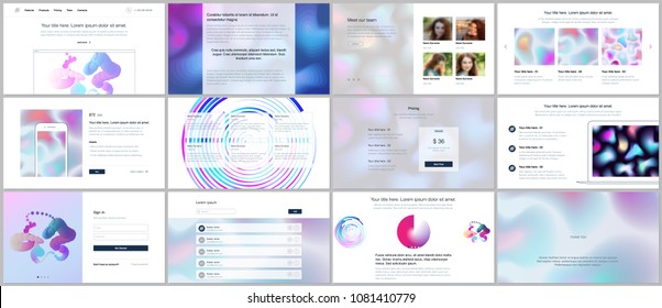 Vector templates for website design, minimal presentations, portfolio with geometric patterns, gradients, fluid shapes. UI, UX, GUI. Design of headers, dashboard, contact forms, features page, blog