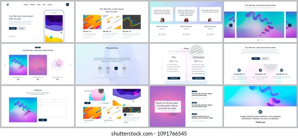 Vector templates for website design, minimal presentations, portfolio with geometric colorful patterns, gradients, fluid shapes. UI, UX, GUI. Design of headers, dashboard, features page, blog etc