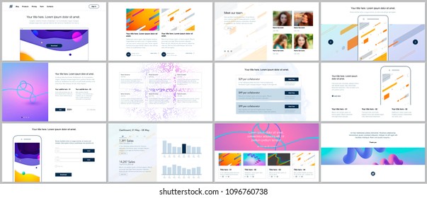 Vector templates for website design, minimal presentations, portfolio with geometric colorful patterns, gradients, fluid shapes. UI, UX, GUI. Design of headers, dashboard, features page, blog etc.