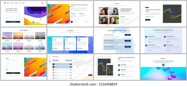 Vector templates for website design, minimal presentations, portfolio with geometric colorful patterns, gradients, fluid shapes. UI, UX, GUI. Design of headers, dashboard, features page blog etc