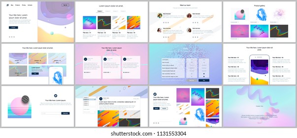 Vector templates for website design, minimal presentations, portfolio with geometric colorful patterns, gradients, fluid shapes. UI, UX, GUI. Design of headers, dashboard, features page, blog etc.