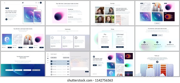 Vector templates for website design, minimal presentations, portfolio with colorful abstract gradient blurs and geometric backgrounds. UI, UX, GUI. Design of header, dashboard, features page, blog etc