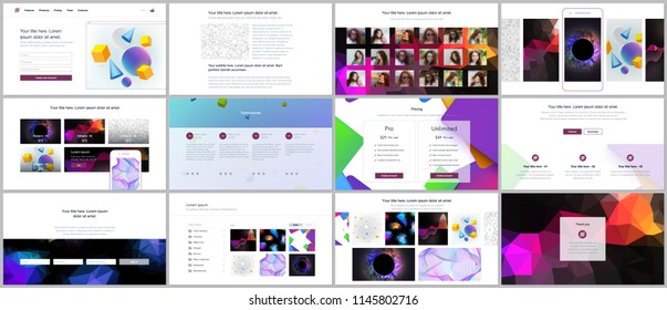 Vector templates for website design, minimal presentations, portfolio with vibrant geometric backgrounds made simple shapes in hipster style. UI, UX, GUI. Design of headers, features page, blog etc.