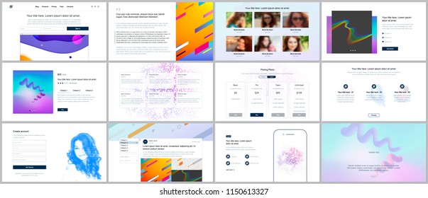 Vector templates for website design, minimal presentations, portfolio with geometric colorful patterns, gradients, fluid shapes. UI, UX, GUI. Design of headers, dashboard, features page, blog etc.