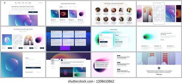 Vector templates for website design, minimal presentations, portfolio with colorful abstract gradient blurs and geometric backgrounds. UI, UX, GUI. Design of header, dashboard, features page, blog etc