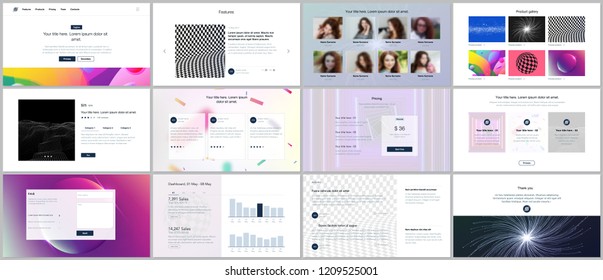 Vector templates for website design, minimal presentations, portfolio with vibrant colorful abstract gradient backgrounds. UI, UX, GUI. Design of headers, dashboard, testimonials, e-commerce page etc.