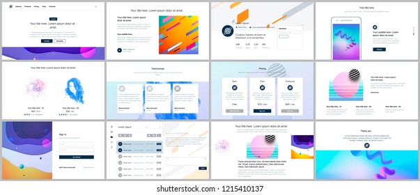 Vector templates for website design, minimal presentations, portfolio with geometric colorful patterns, gradients, fluid shapes. UI, UX, GUI. Design of headers, dashboard, features page, blog etc.