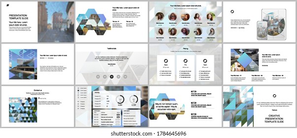 Vector templates for website design, presentations, portfolio. Templates with triangles, triangular pattern for presentation slides, flyer, leaflet, brochure cover. Backgrounds with place for photo.