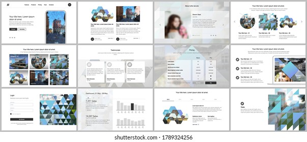 Vector templates for website design, presentations, portfolio. Templates with triangles, triangular pattern for presentation slides, flyer, leaflet, brochure cover. Backgrounds with place for photo.