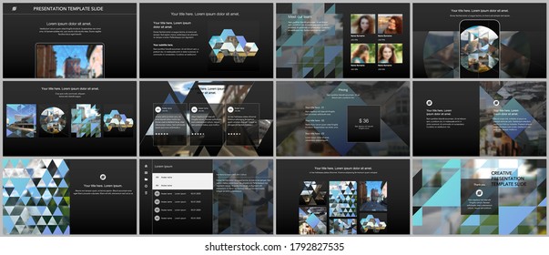 Vector templates for website design, presentations, portfolio. Templates with triangles, triangular pattern for presentation slides, flyer, leaflet, brochure cover. Backgrounds with place for photo.